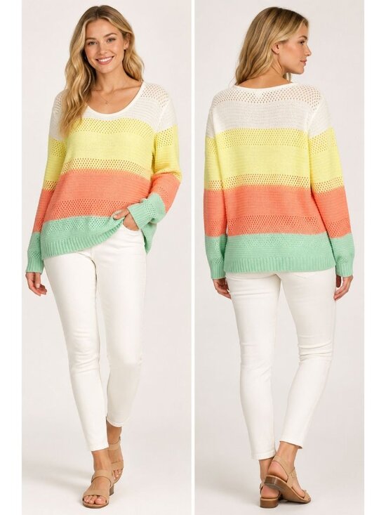 Unbranded Sweaters - Colorful Striped Knit Sweater Long Sleeve Lightweight Womens Multicolor Size 14